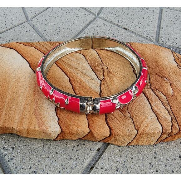 Silver Tone Magenta Pink Enamel Sunburst Bangle Bracelet Boho Statement - Picture 7 of 9